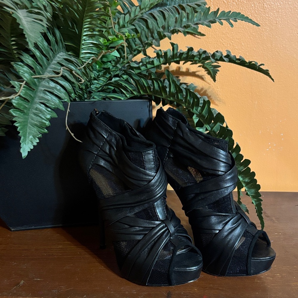 L.A.M.B. Black Strappy Peep-Toe Platform Heel Booties